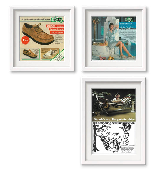 Three framed posters: two show vintage shoe ads, one a hammock with historical text.