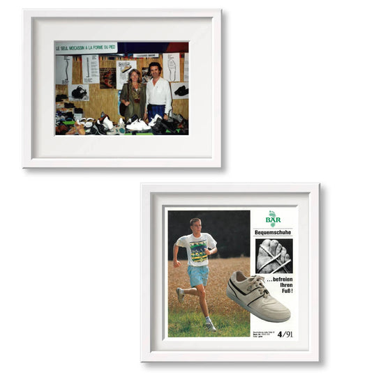 Two framed pictures: Top shows a shoe store with two people, bottom shows a runner and an ad for comfort shoes.