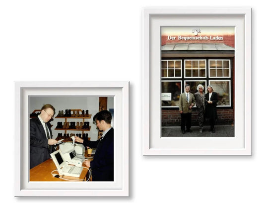 Two photos. Left: Two men in suits at a counter with computers in a shoe store. Right: Three people in front of 'Der Bequemschuh-Laden'.