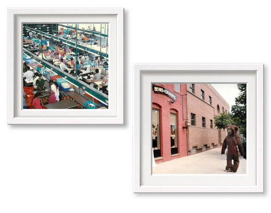 Left image shows a production hall full of workers, right image shows a brown bear in front of a store.