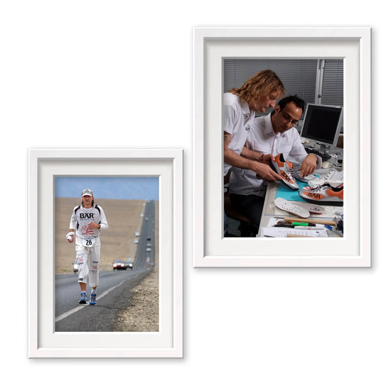 Two images: One shows a runner on a street; the other shows two men designing shoes.