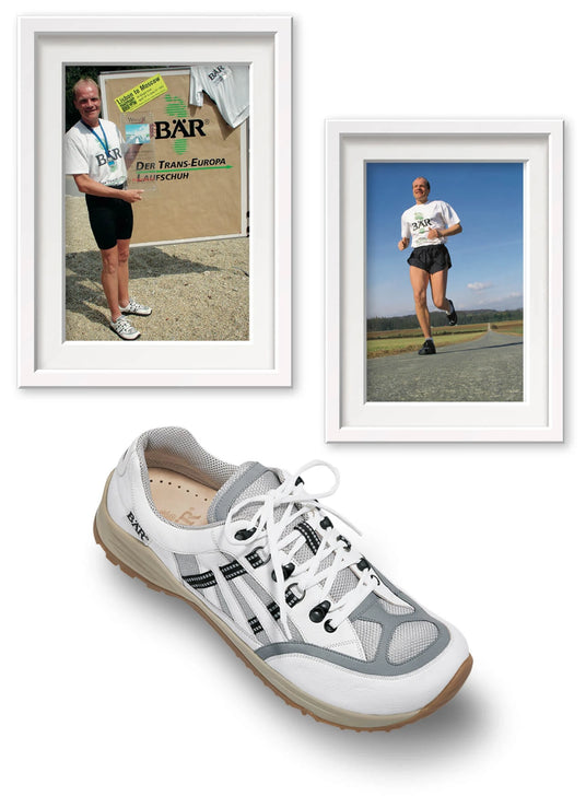 Two images with a runner and BÄR Trans-Europa running shoe, ideal for long-distance running