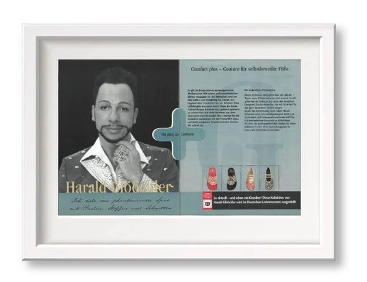 Framed design image with Harald Glööckler and shoe collection, distinguished by comfort.