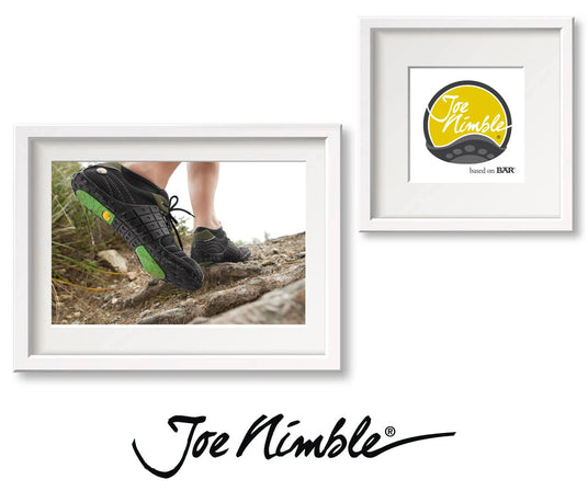 Close-up of a hiker in Joe Nimble shoes on uneven terrain