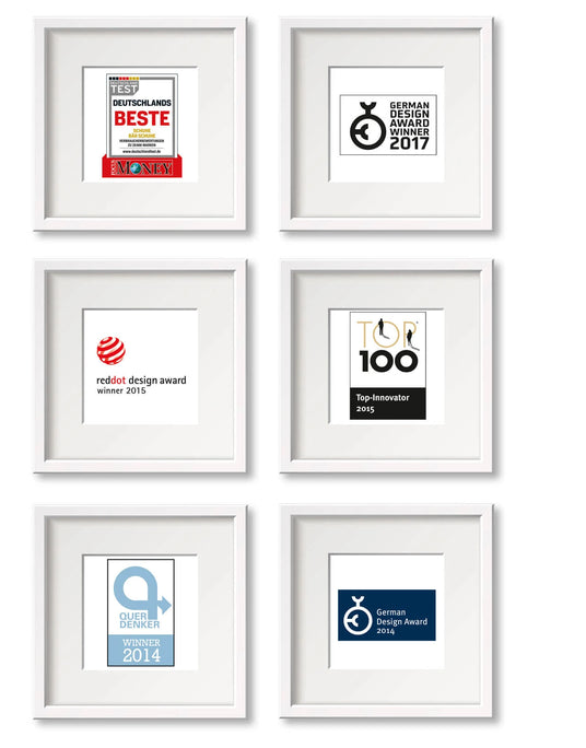 Six framed awards: Germany’s Best, German Design Award 2017, reddot design award 2015, Top 100 Innovator 2015, Querdenker Winner 2014, German Design Award 2014