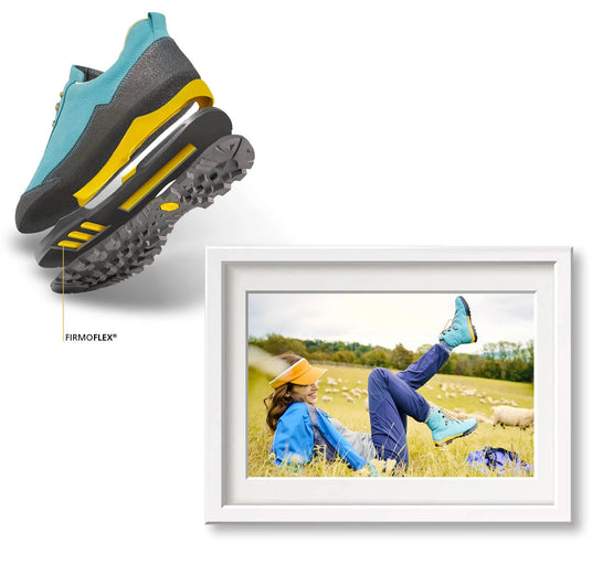 Women's outdoor shoes in blue with FIRMOFLEX® sole, next to an image of a woman in blue outdoor clothing lying on a meadow