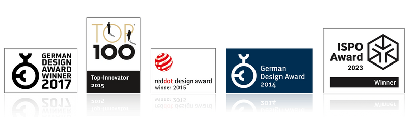 Company awards: German Design Award 2014 & 2017, Top Innovator 2015, Red Dot Design Award 2015, ISPO Award 2023