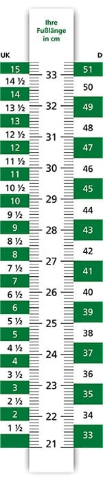 Chart for converting UK shoe sizes to EU sizes with foot length in centimeters