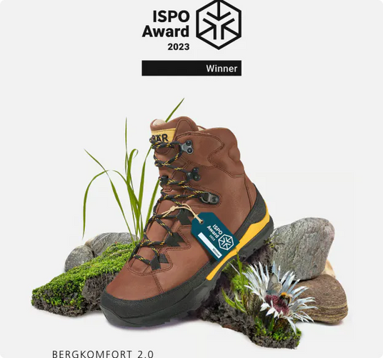 Bottes de randonnée Bergkomfort 2.0 brunes, primées à l'ISPO Award 2023, décorées de plantes et de pierres