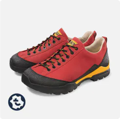 Red hiking boots with black and yellow soles for comfortable mountain hikes
