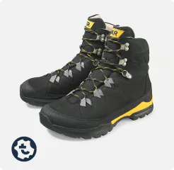 Black hiking boots with yellow accents and rugged tread, ideal for mountain hikes.