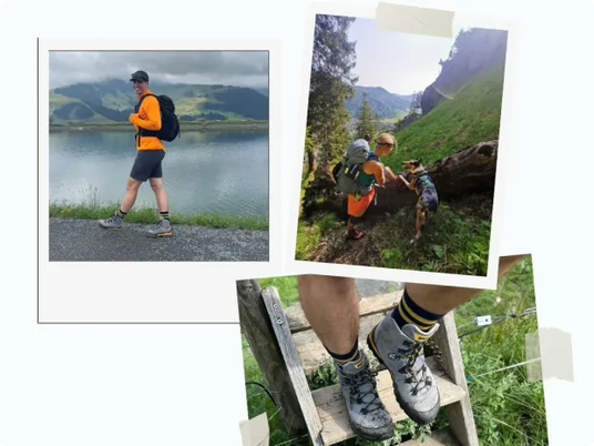 Person hiking on a lakeside trail, couple with dog in nature, close-up of hiking boots on a wooden staircase