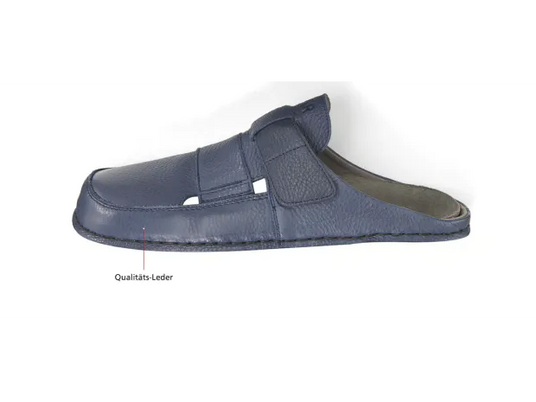 Blue men's leather slipper, side view