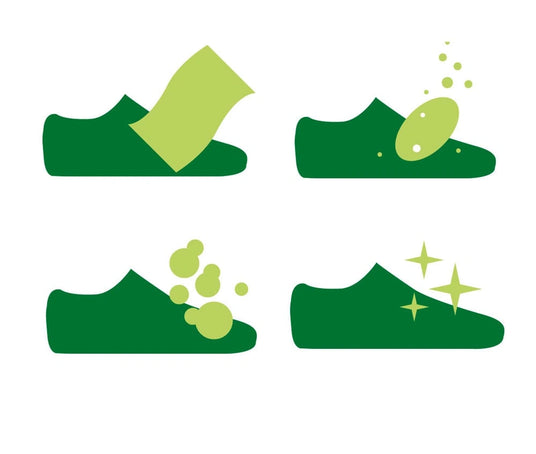 Quatre symboles verts de chaussures illustrent les étapes du nettoyage : élimination des saletés, savon, rinçage et brillance.