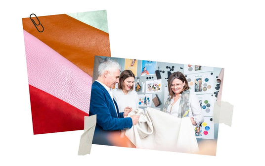 Three people examine and discuss various fabrics and color patterns in a creative workspace.