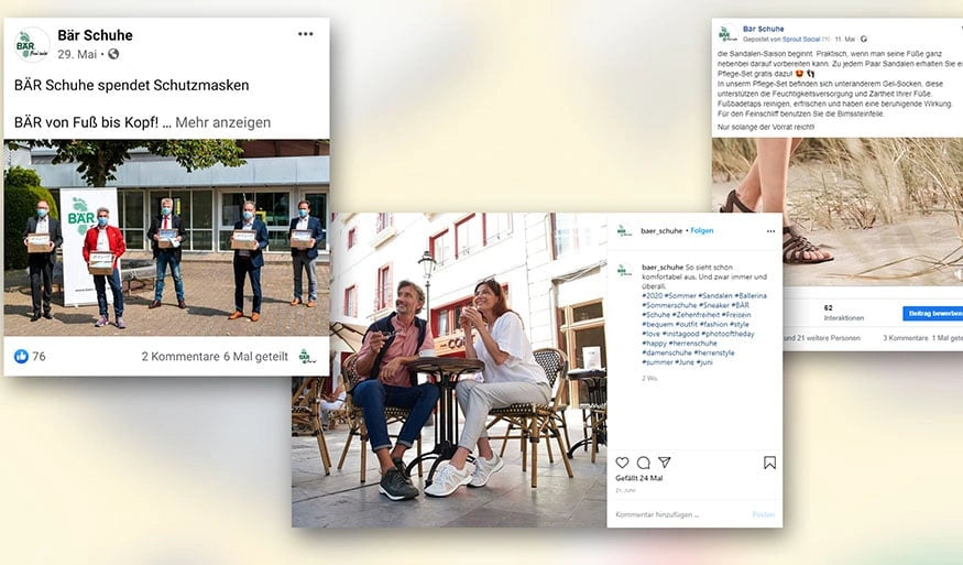 BÄR Shoes: Team donates protective masks, couple in sandals visiting a café.
