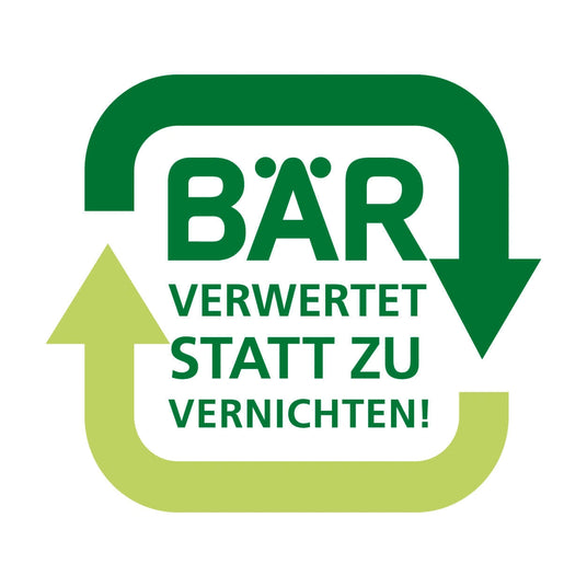 Green BÄR logo with the text 'Reused instead of destroyed', symbol for recycling and sustainability